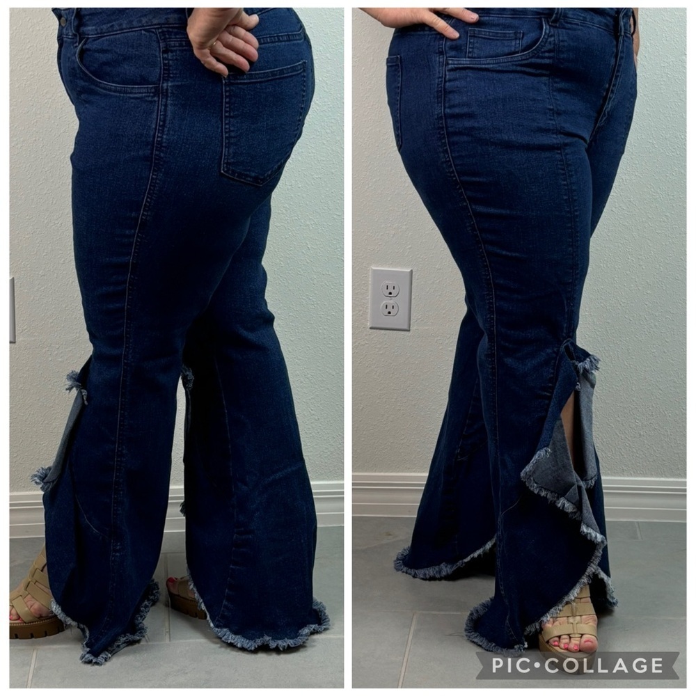 VENUS stretch dark blue high ruffle slit leg 5 pocket flared fitted denim Jeans - Picture 2 of 12